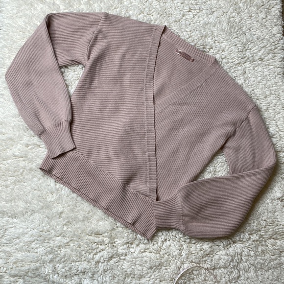 Beige Deep V Cross Over Tie Up Sweater Puff Sleeve IK10 - Picture 2 of 9